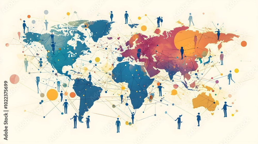 Poster a colorful world map with people in it. the people are connected by lines, and the map is filled wit