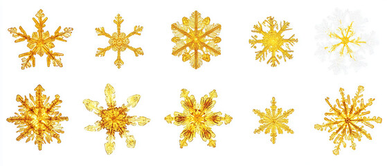 yellow snow flakes in different shape. yellow snow flakes on white background. 