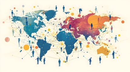Obraz premium A colorful world map with people in it. The people are connected by lines, and the map is filled with dots