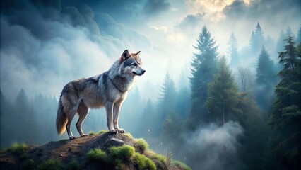 A lone wolf stands on a rocky precipice, overlooking a misty forest of towering trees, the early morning light filtering through the clouds