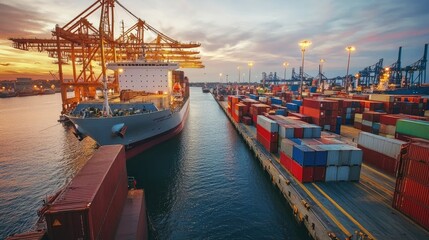 Naklejka premium a real photo of seaport with cargo, visible ship and loading work inside