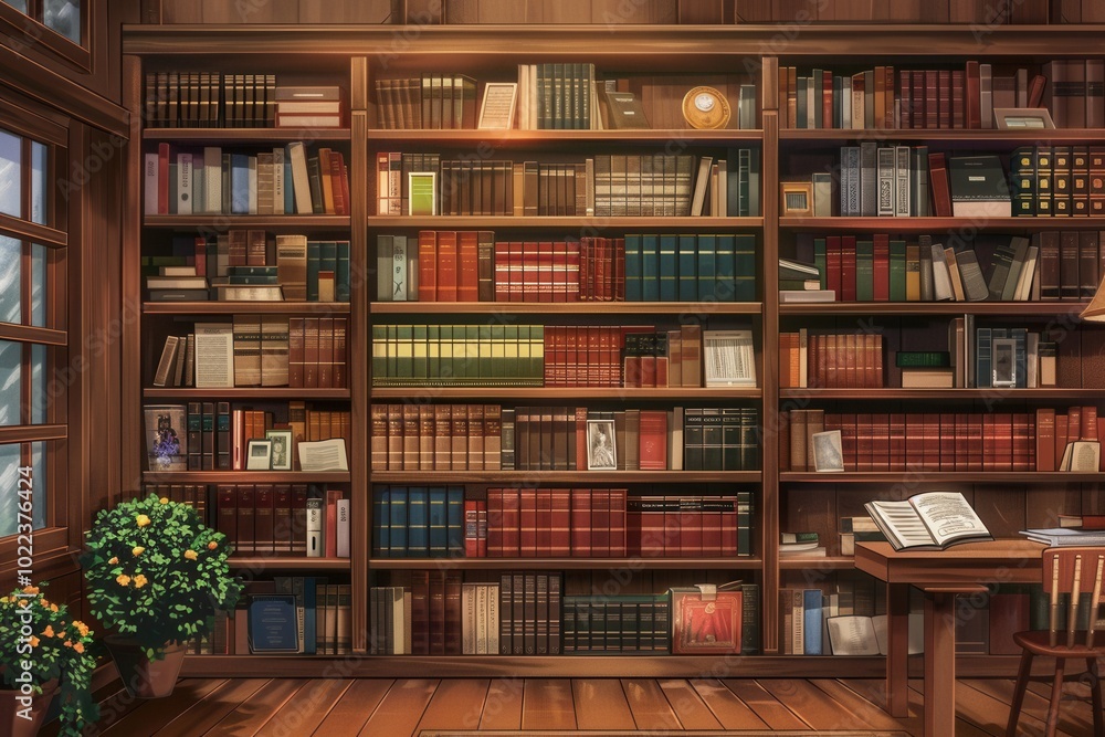 Aufkleber wooden shelves are filled with colorful textbooks and academic literature, creating a warm and invit