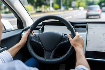 Driver on a suburban road, daytime