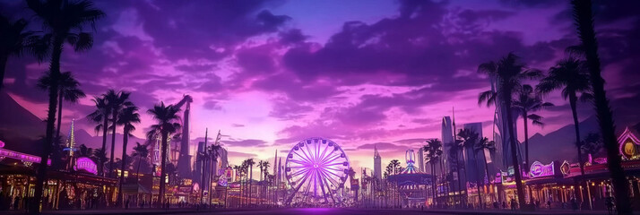 A colorful carnival scene with a Ferris wheel and palm trees under a purple sunset.