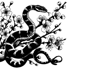 2025年巳年年賀状素材水墨画風