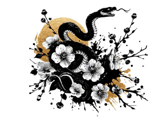 2025年巳年年賀状素材水墨画風