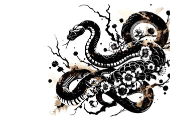 2025年巳年年賀状素材水墨画風