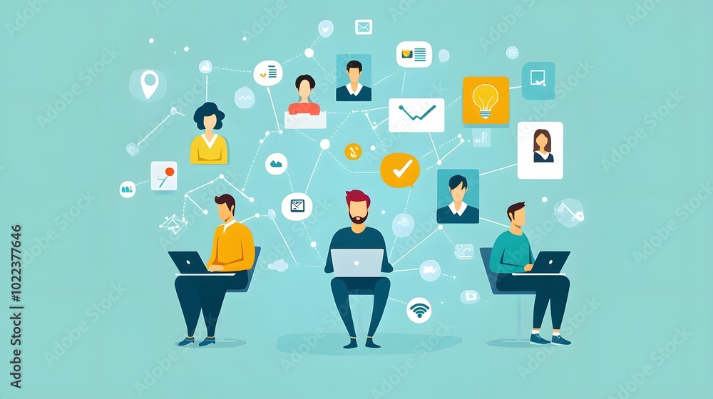 Poster a group of people are working on their laptops in a collaborative environment. concept of teamwork a