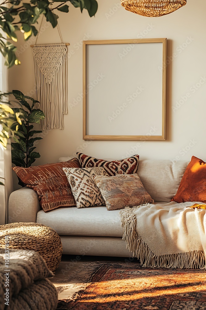 Poster a cozy living room setting featuring a light-colored sofa adorned with patterned pillows, a fringed 