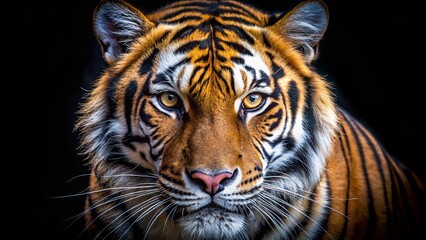 Fototapeta premium A close-up portrait of a majestic tiger, its piercing gaze fixed on the viewer, revealing the intricate details of its striped coat and the intensity of its predatory nature.