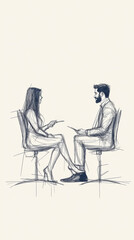 A sketched illustration of a man and a woman sitting across from one another in chairs.