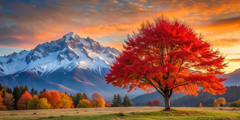 Naklejka premium A lone, vibrant red tree stands tall against a backdrop of snow-capped mountains and a fiery sunset, capturing the essence of autumn's grandeur.
