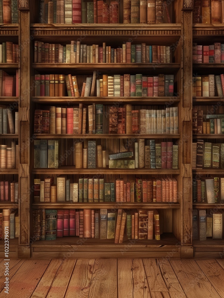 Fototapete The shelves are stocked with an array of textbooks and scholarly literature, creating a warm atmosphere for study and reflection. Generative AI