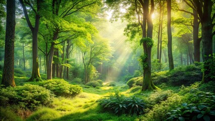 Fototapeta premium Sunlight Dappling Through a Verdant Forest Canopy, Illuminating a Path of Lush Greenery