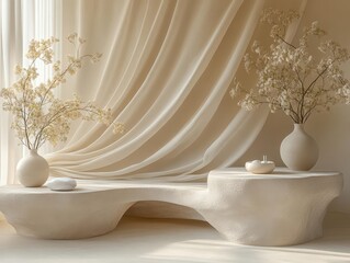 soft beige gradient envelops a serene backdrop, reminiscent of vanilla silk drapery, creating a dreamy atmosphere ideal for showcasing cosmetics and beauty products
