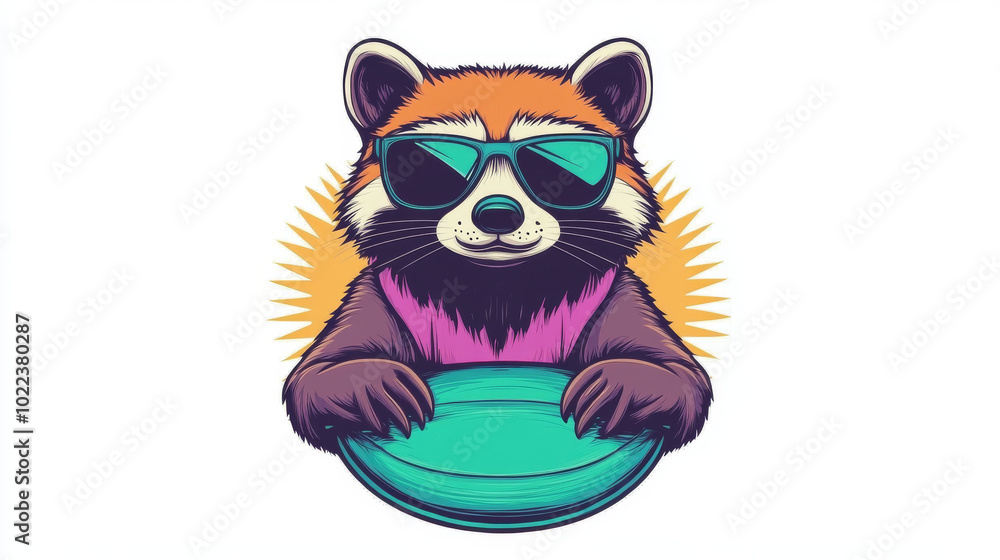 Poster Cool red panda wearing sunglasses and resting on a blue disc.