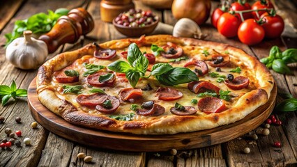 Authentic Italian Pizza with Bacon, Cheese, Truffle Mushrooms, and Basil on Thick Dough