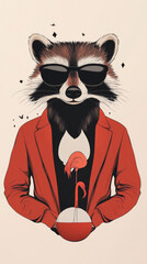 Cool raccoon wearing sunglasses and a red blazer, holding a flamingo in a glass ball.