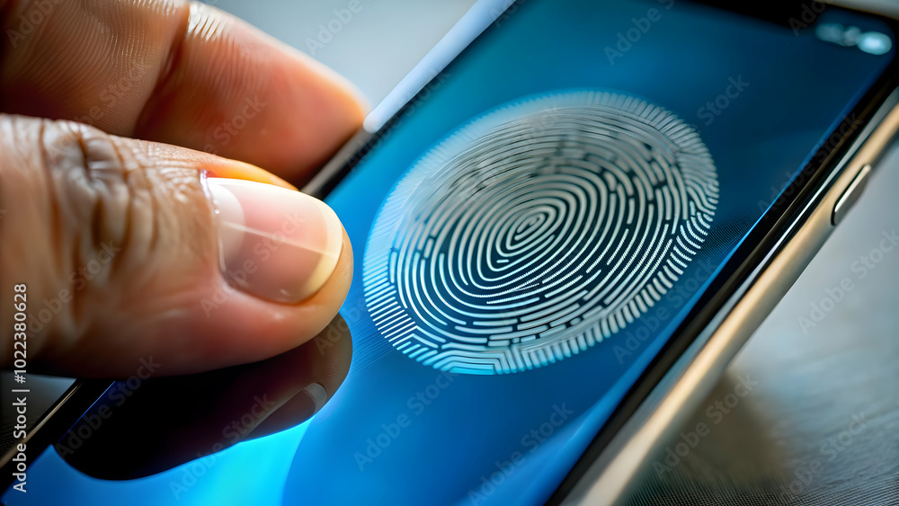 Poster macro of fingerprint unlocking fitness app concept - close up shot of fingertip unlocked on transpar