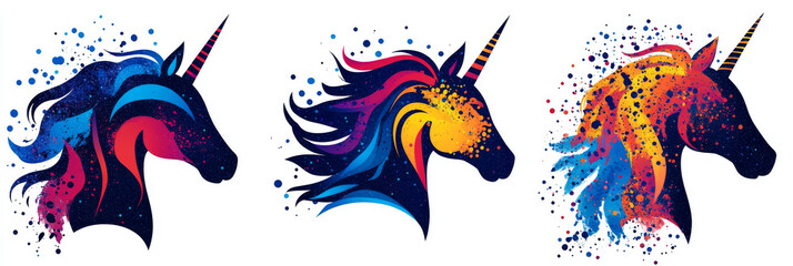Obraz premium Three colorful unicorn heads with a splatter paint background.