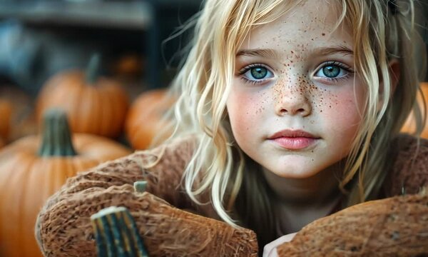 Little Girl Posing with Pumpkins
