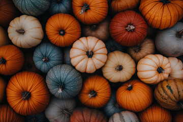 Top view of colorful ripe pumpkins in autumn for Halloween and Thanksgiving decor