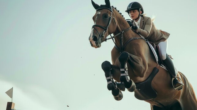 A woman in riding gear jumps over a fence on a brown horse. AI generative. .