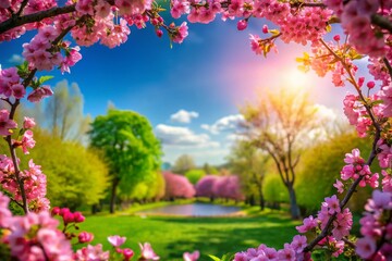 Fototapeta premium Beautiful Pink Spring Blossom Frame with Bokeh Background in Garden Setting - Floral Border Design