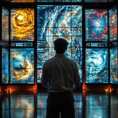 Meteorologist Analyzing Data on Multiple Screens in a High-Tech Weather Center