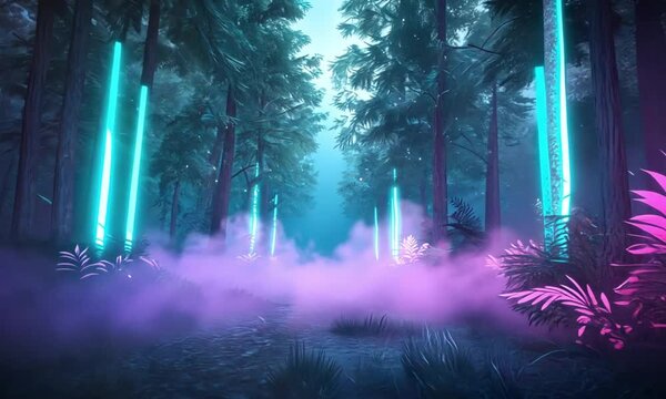 Moving through mysterious foggy forest with glowing neon lights on trees in dense mist