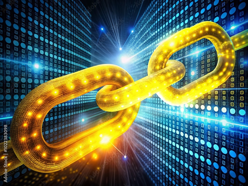 Poster blockchain digital link concept with yellow and blue binary code for futuristic technology visuals
