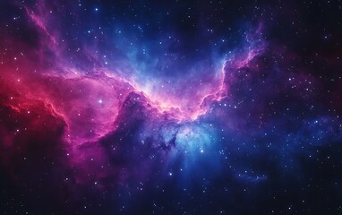 Obraz premium A vibrant cosmic scene showcasing a nebula filled with swirling pink and blue gases against a backdrop of stars.