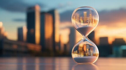 Hourglass with cityscape reflects time's passage against a sunset-lit urban skyline, AI