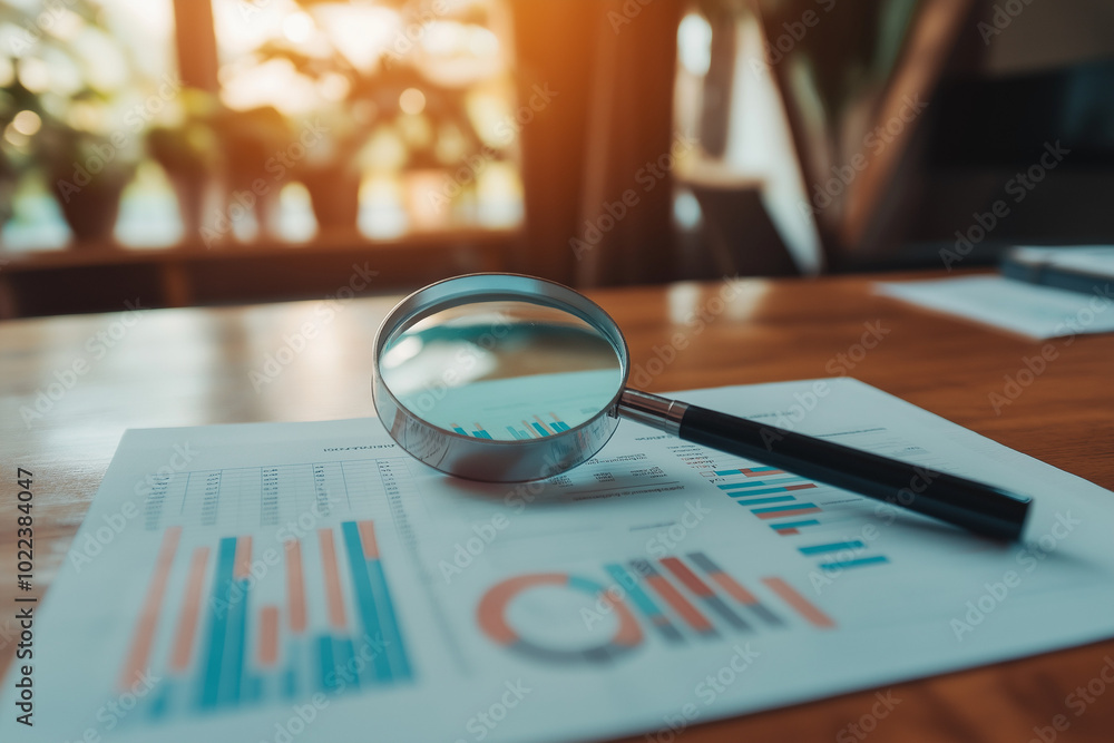 Poster printed business documents with colorful charts and graphs under a magnifying glass, symbolizing clo