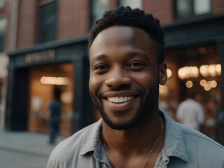Obraz premium A smiling black man in casual attire, standing confidently in the heart of a lively downtown.
