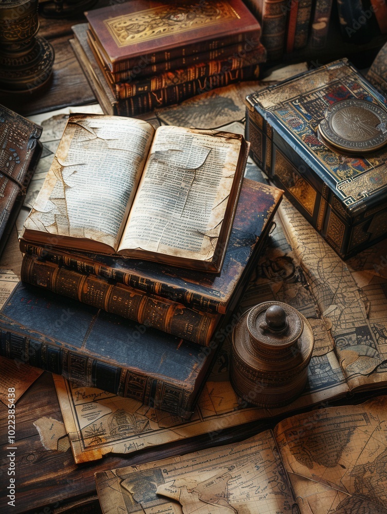 Fototapete A diverse array of ancient books and scrolls rests atop a cluttered table, showcasing the rich history of literature and knowledge. Generative AI