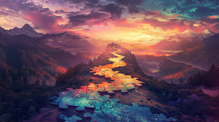 Puzzle landscape at dusk, path leading to horizon, cracks in sky reveal warm light and fragmented peaks.