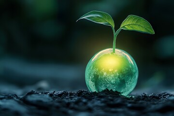 A Tiny Plant Sprouting From a Reflective Earth-Like Sphere