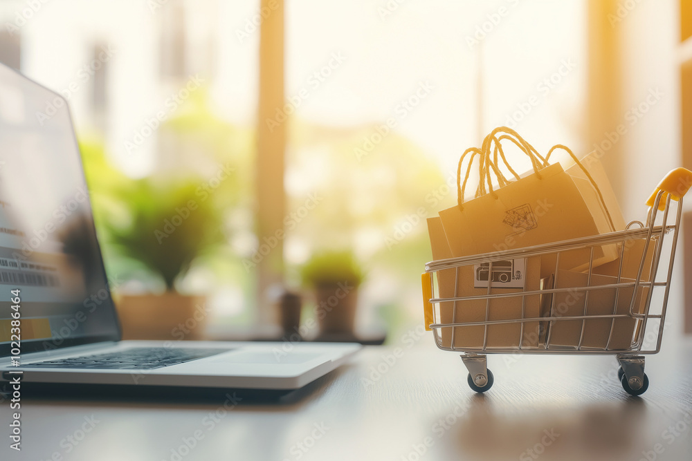 Poster product package boxes and a shopping bag in a small cart beside a laptop displaying a web store on t