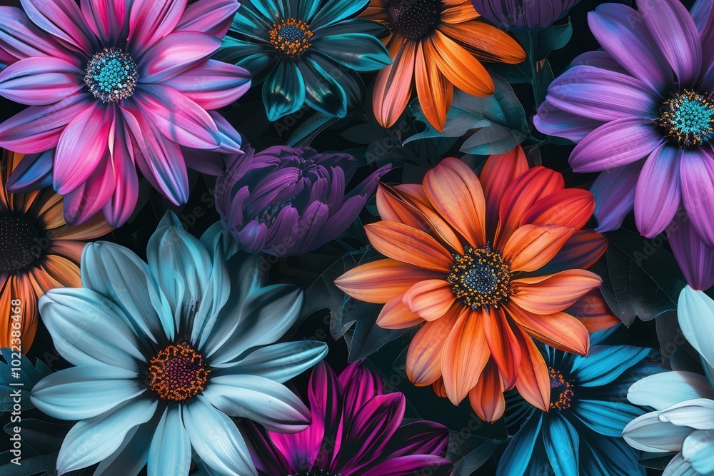 Aufkleber large, colorful flowers of different kinds display their stunning hues vividly against a deep black 