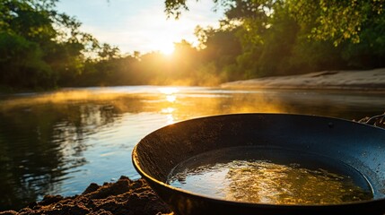 A gold pan sits on the bank of a river at sunrise, ready for panning.