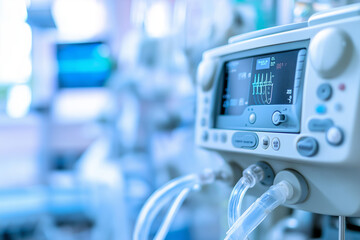 A medical ventilator machine with detailed control panel and tubing, positioned in a hospital room. 