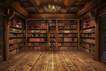 Obraz premium Wooden shelves are brimming with a diverse collection of textbooks and academic literature, creating a scholarly atmosphere. Generative AI