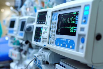 Modern anesthesia machines with detailed control panels, monitors, and breathing circuits in a hospital operating room, with copy space. Bright, clinical lighting.