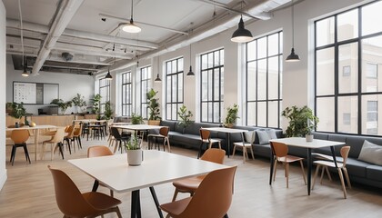 Fototapeta premium Modern Minimalist Corporate Office. A sleek and minimalist corporate office with open-plan workspaces, glass partitions, and advanced computer setups. Natural light floods the room through large windo