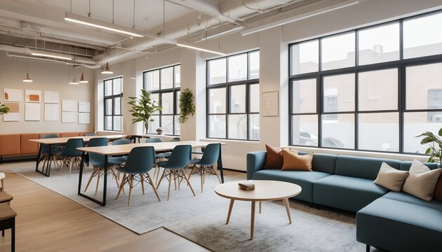 Modern Minimalist Corporate Office.
A sleek and minimalist corporate office with open-plan workspaces, glass partitions, and advanced computer setups. Natural light floods the room through large windo