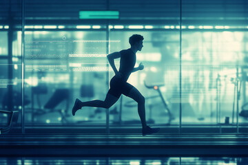 A young athlete running on a treadmill during a stress test, with electrodes attached to measure heart activity through an electrocardiogram. 