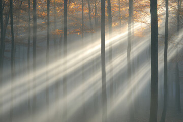 The sun is shining through the trees, casting a warm glow on the forest floor