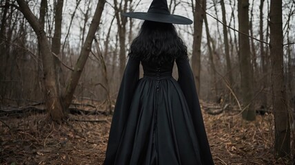 Halloween theme wallpaper backgrounds for greetings and October celebrations with a witch in a black dress in yard