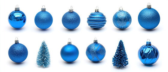 blue christmas decorations. shining blue christmas decorations on white background